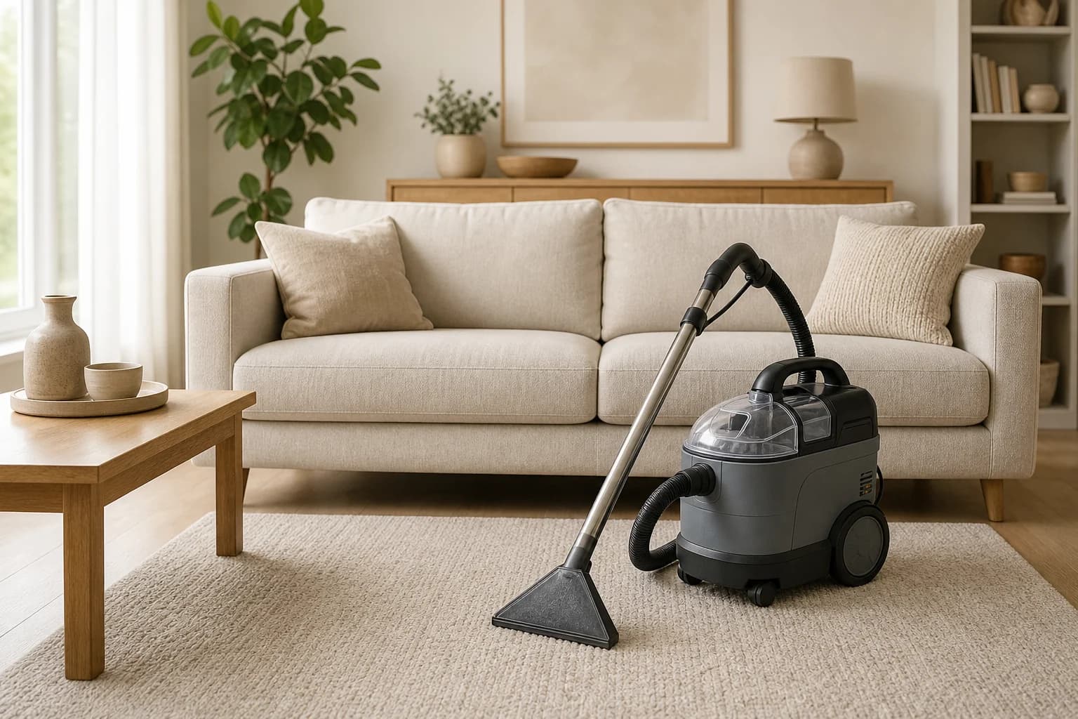 Carpet extraction equipment beside a rug and upholstered sofa