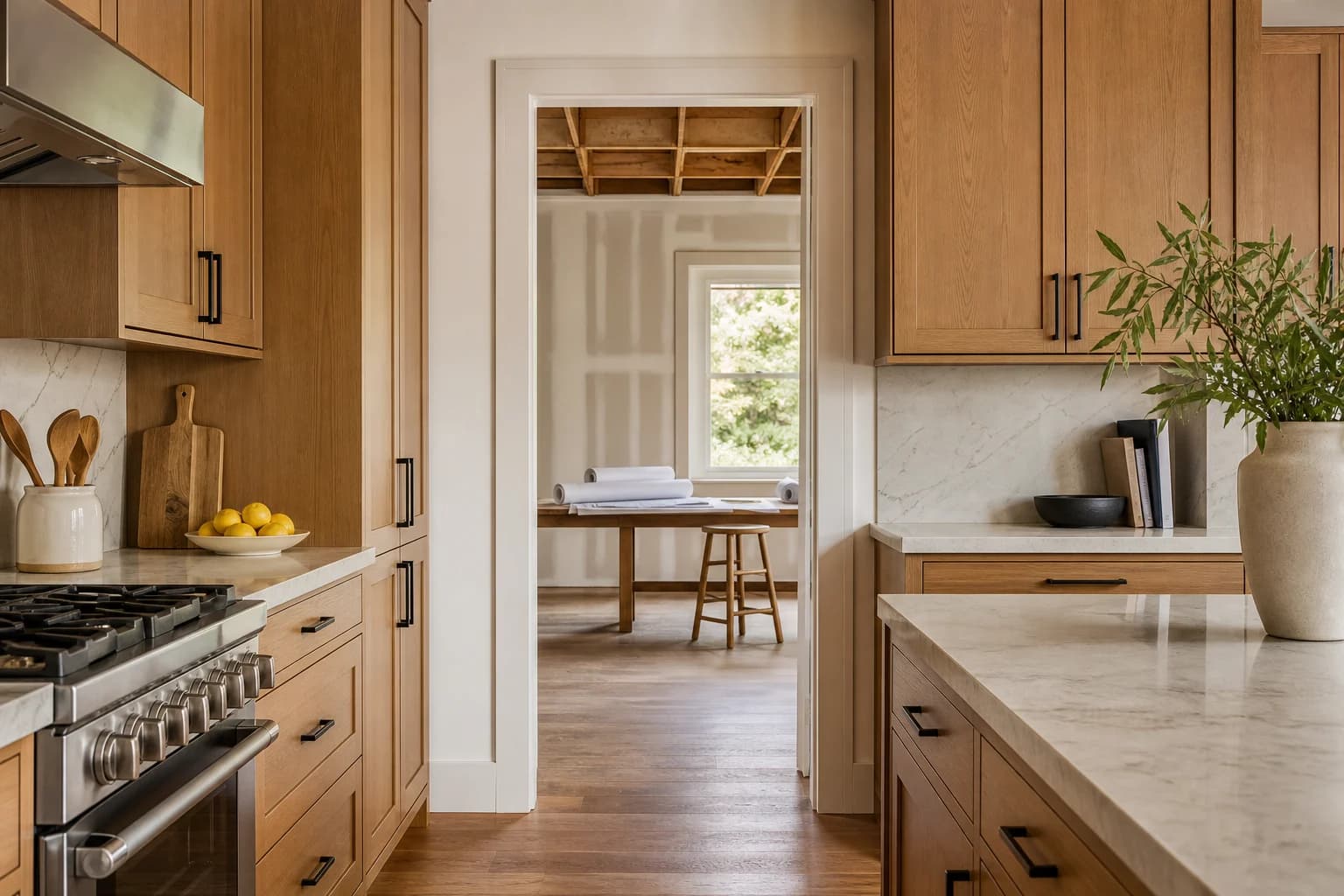 A warm oak kitchen and adjoining renovation space