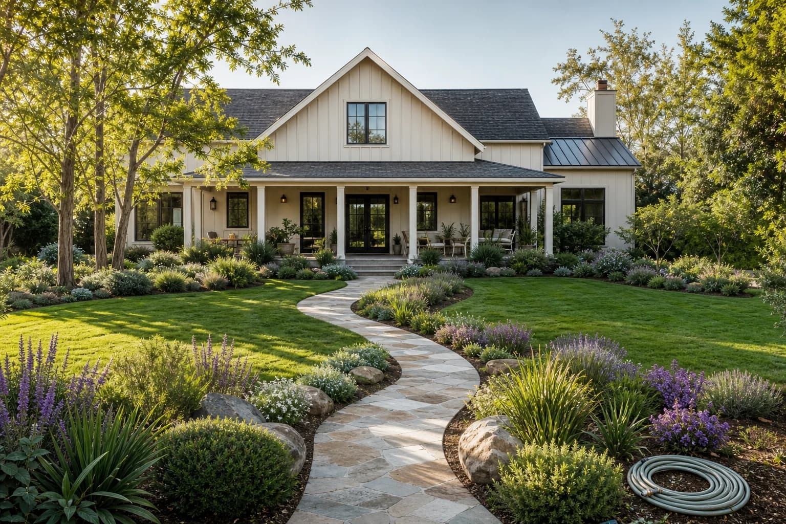 A landscaped home garden with a green lawn and stone pathway