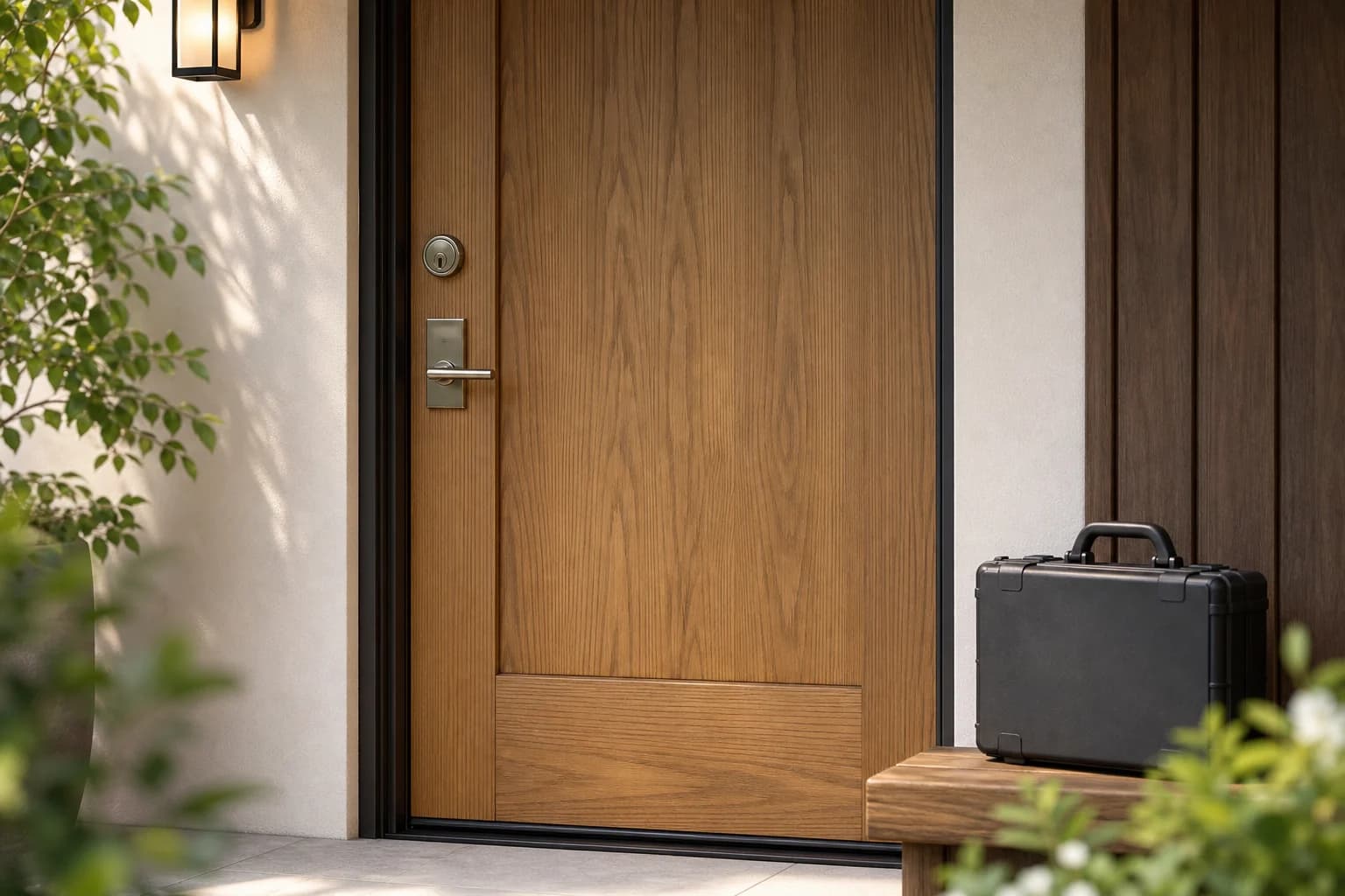 An oak entry door with brushed metal lock hardware