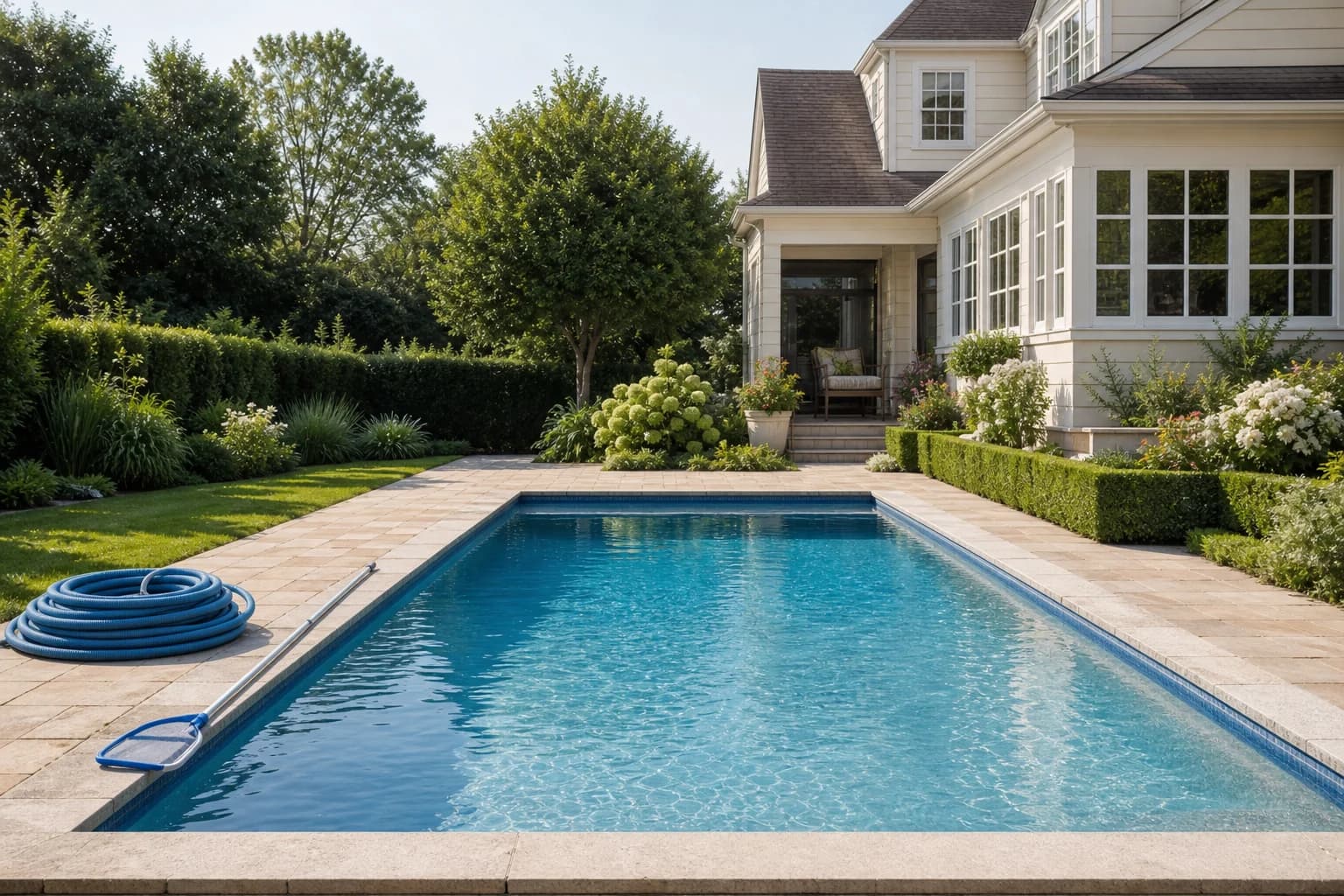 A backyard pool with cleaning equipment stored beside it