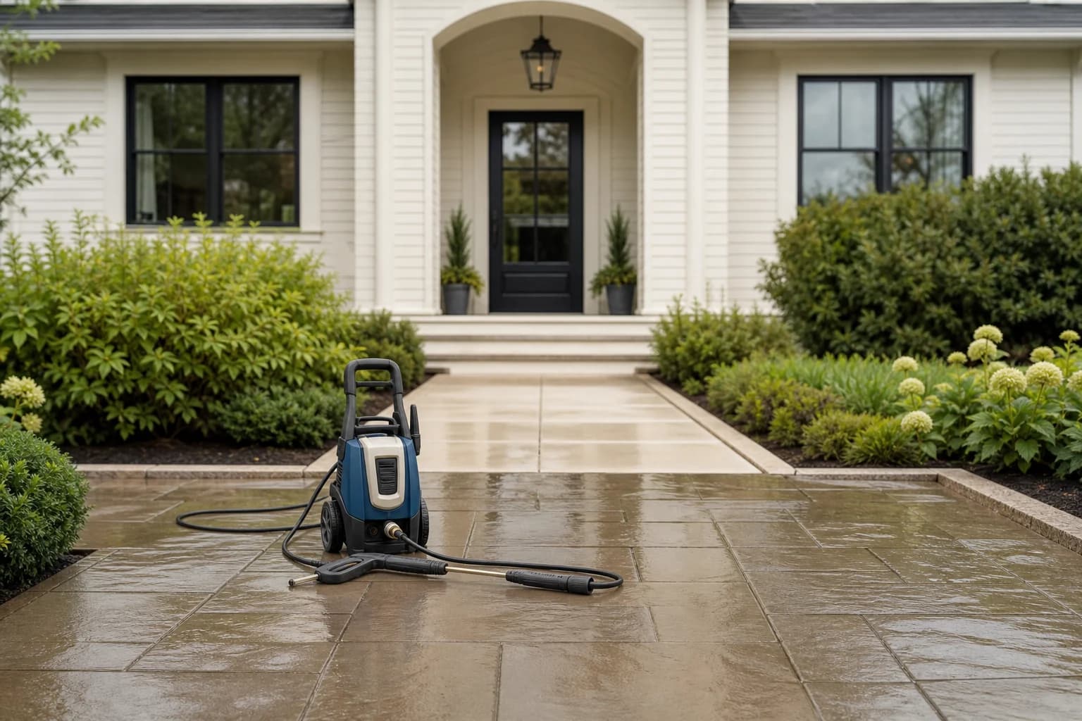 A pressure washer beside a freshly cleaned stone patio
