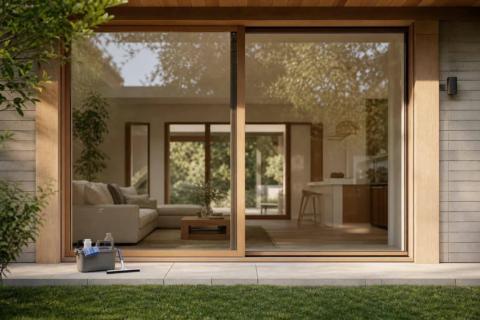 Clear ground-floor windows reflecting a garden