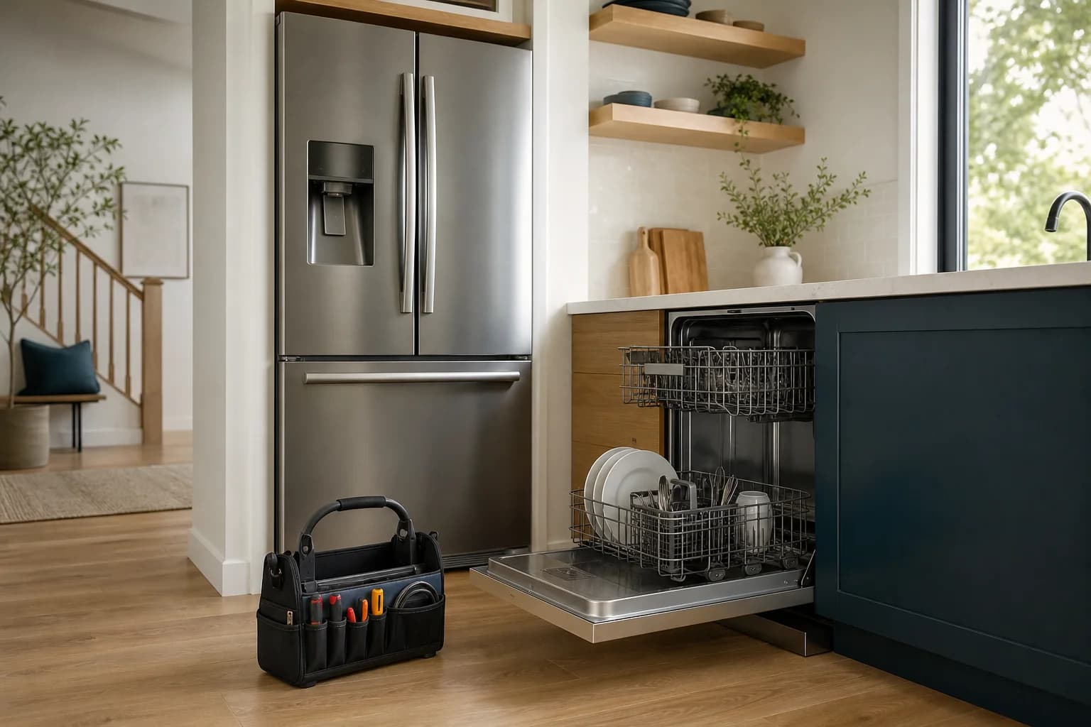 Clean contemporary laundry room with washer and dryer