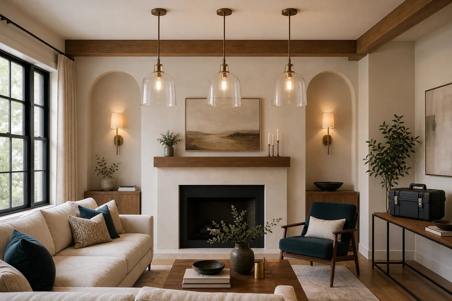 Modern home interior with warm pendant lighting