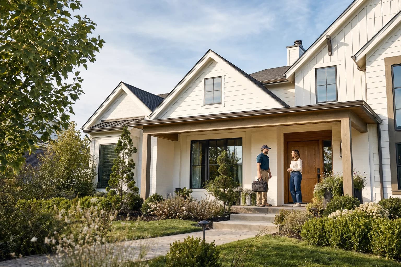 A homeowner meeting a service professional outside a welcoming home