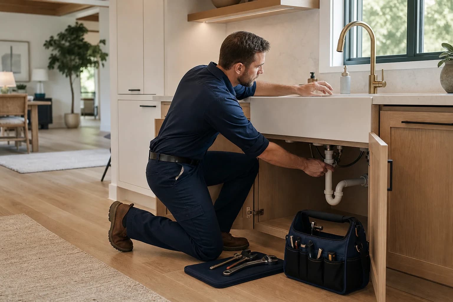 Bright modern kitchen with a sink and polished faucet